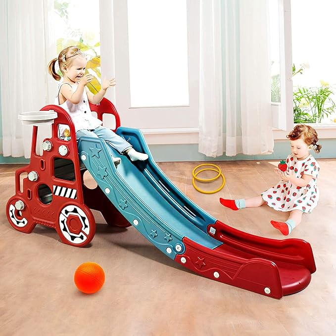 Ealing Baby 3-in-1 Toddler Climbing Slide with Basketball Hoop Red and Blue