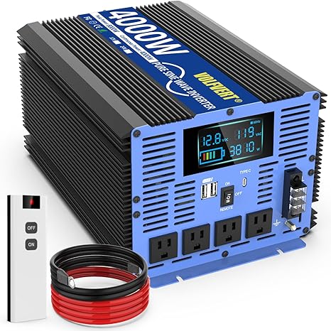 4000W 纯正弦波电源逆变器，直流 12V 转交流 110V/120V，带 Type-C 接口、4 个交流输出插座、双 USB 接口、接线端子、液晶显示屏和无线遥控器，适用于家庭、房车、太阳能系统和汽车。