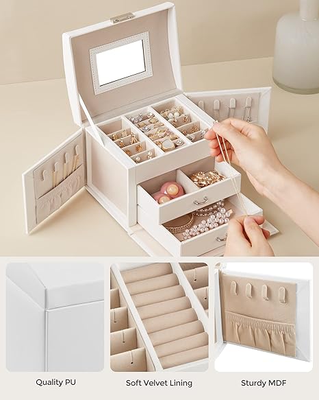 SONGMICS 3-Tier Jewelry Box, Lockable Jewelry Organizer, 2 Drawers, Travel Jewelry Case, White UJBC154W01