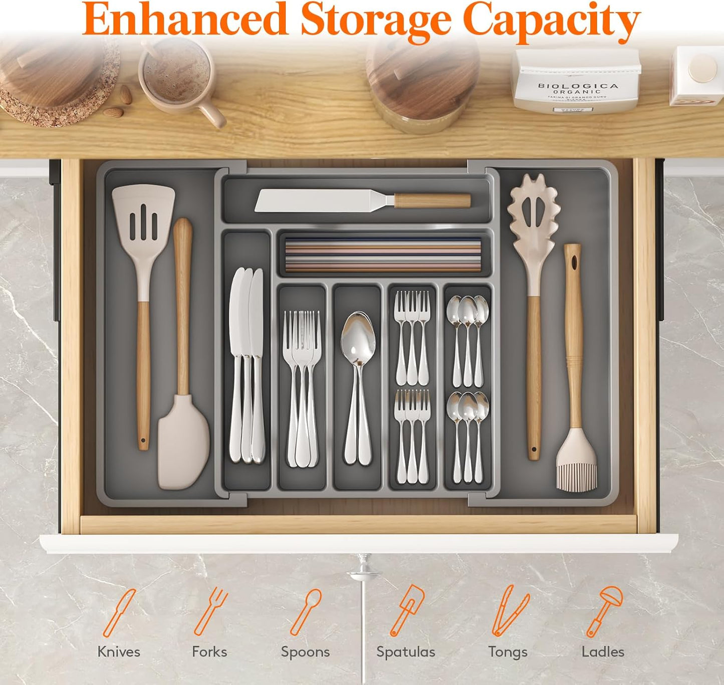Lifewit Silverware Drawer Organizer, Expandable Utensil Organizer for Kitchen Drawers, Adjustable Cutlery and Flatware Tray, Plastic Spoons Forks Knives Holder Storage Dividers, Extra Large