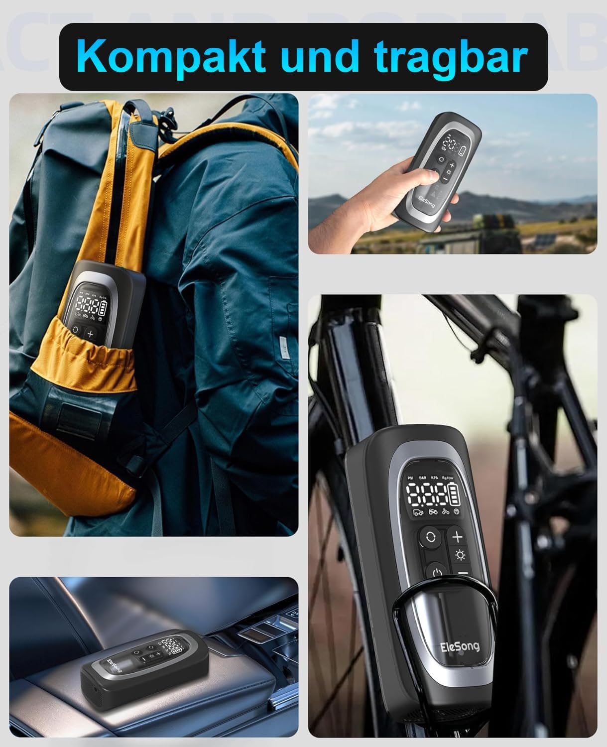 Electric Air Pump Battery Bicycle Pump 150 PSI Portable Battery Compressor 12 V 1800 mAh Rechargeable Air Pump Bicycle with LED Light, Electric Bicycle Pump for Car, E-Bike, Motorcycle