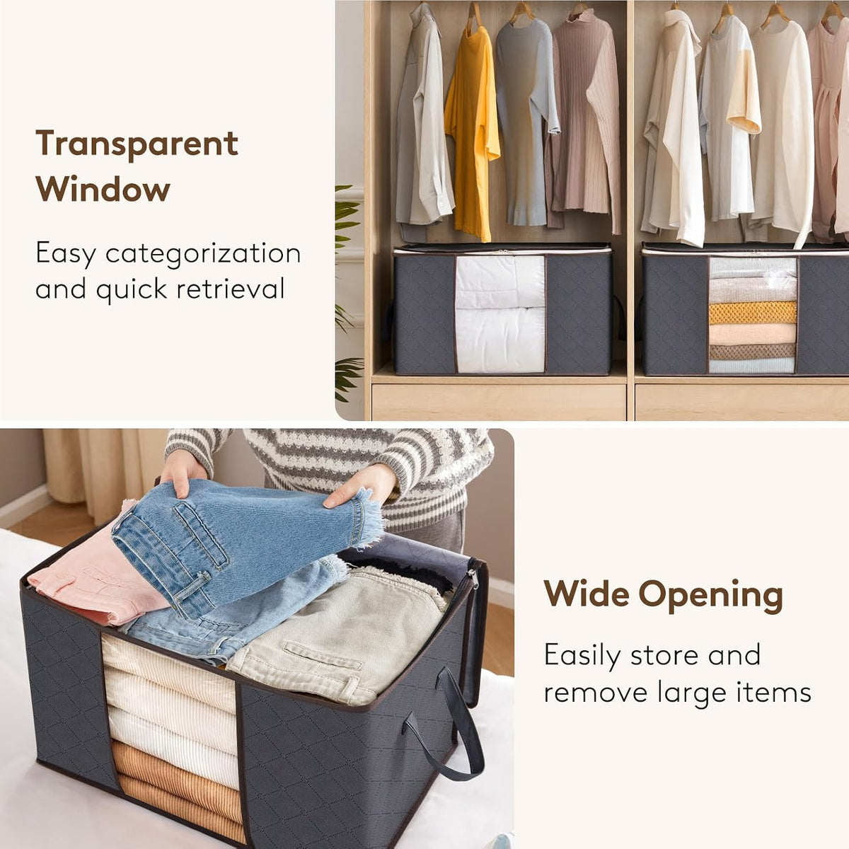 10 Pack,Grey，90L Large Capacity Clothes Storage Bag Organizer with Reinforced Handle Thick Fabric for Comforters, Blankets, Bedding, Foldable with Sturdy Zipper, Clear Window, 10 Pack,Grey