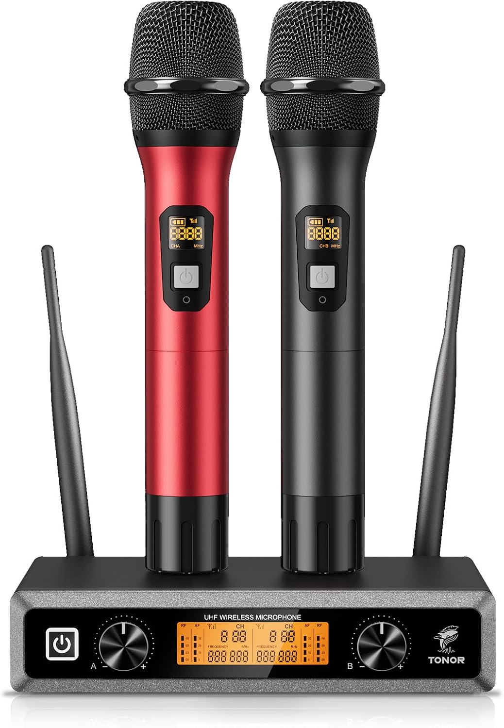 TONOR TW820 Wireless Microphone System, Professional Metal Cordless Karaoke Microphones, Handheld Dynamic Mic Set with Receiver for Party, Meeting, KTV, Church, DJ, Wedding, Singing, 200ft,  Black&Red