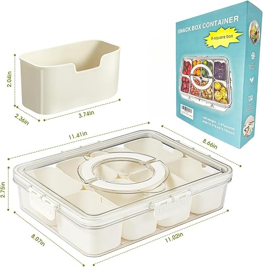 Snackle Box Container - Divided Serving Tray with Lid & Handle, Portable Snack Organizer for Candy, Fruits, Nuts, Treats - Leakproof Bento-Style Platter for Parties, Travel, Picnics