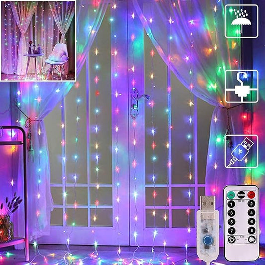 Curtain Lights, Fairy Lights for Bedroom, 300 LEDs Multicolor Twinkle Lights with 8 Modes USB, LED String Lights with Remote and Timer for Indoor Xmas Party Home Patio Decoration(9.8 x 9.8 Ft)
