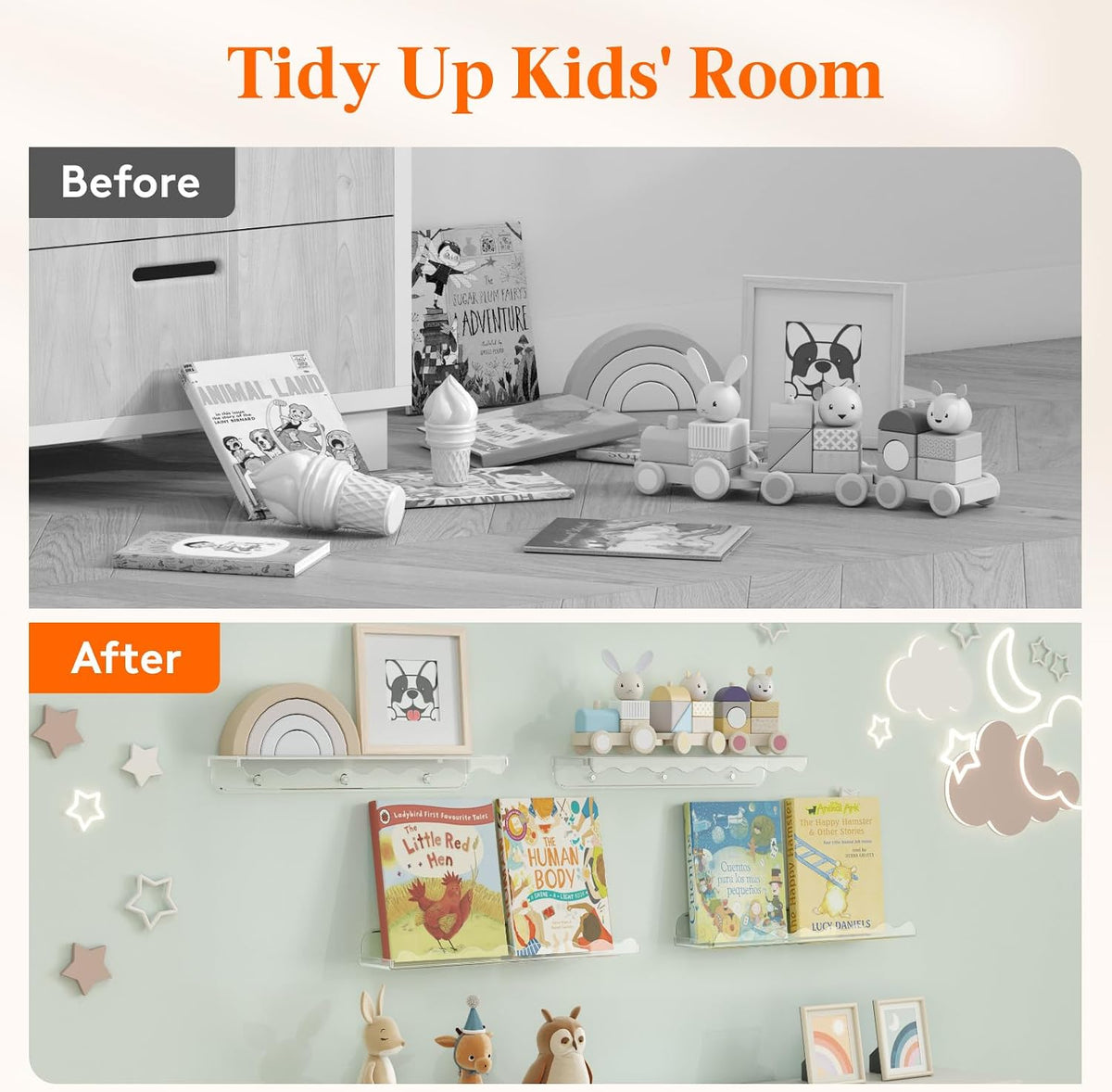 Kids Bookshelf 4 Pack, 15" Floating Shelves for Wall Mounted, Clear Nursery Book Toy Hanging Racks for Baby/Toddler/Children in Bedroom, Living Room Decor