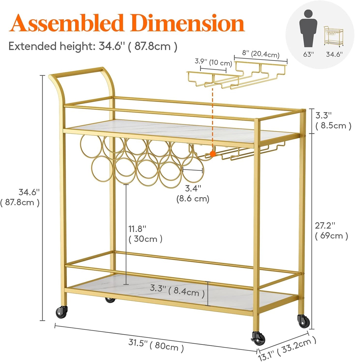 Lifewit Bar Cart Gold, Bar Carts for The Home with 2-Tier Shelf, Home Bar Serving Cart with 9 Wine Bottle Racks, Drink Cart for Kitchen, Dining, Living Room, Gold