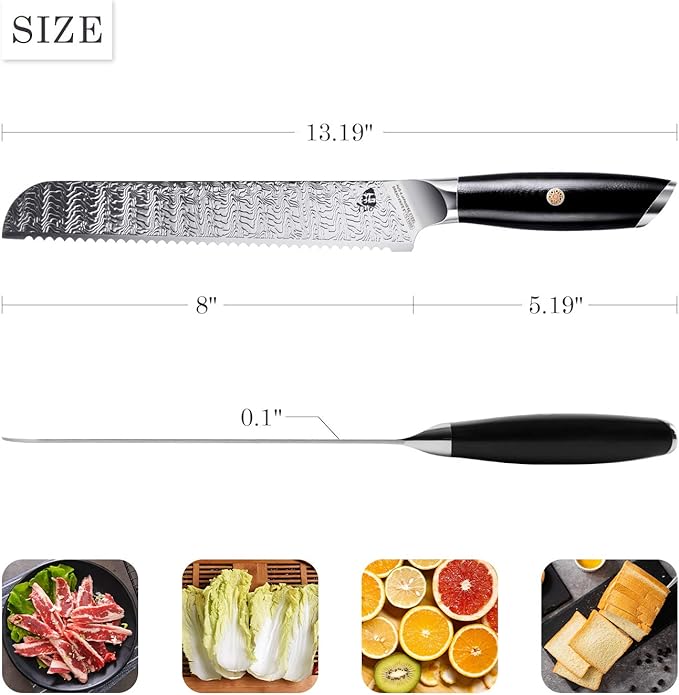 TUO 8英寸面包刀 - 锯齿面包刀，厨房面包切片刀，锻造AUS-8日本不锈钢刀身及G10手柄 - Falcon S系列，带礼盒