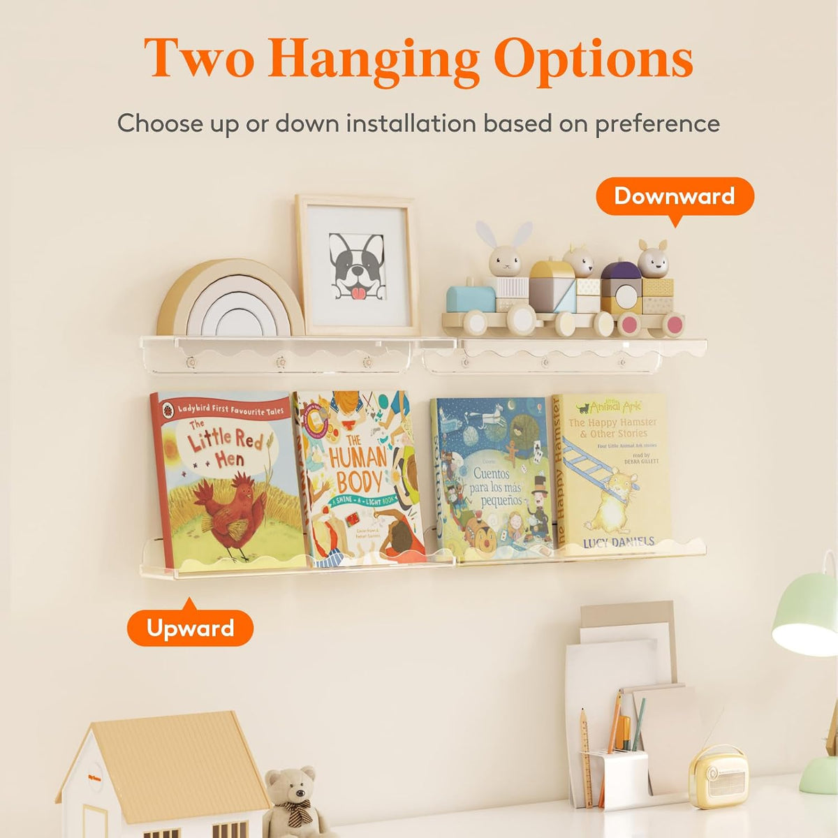 Kids Bookshelf 4 Pack, 15" Floating Shelves for Wall Mounted, Clear Nursery Book Toy Hanging Racks for Baby/Toddler/Children in Bedroom, Living Room Decor