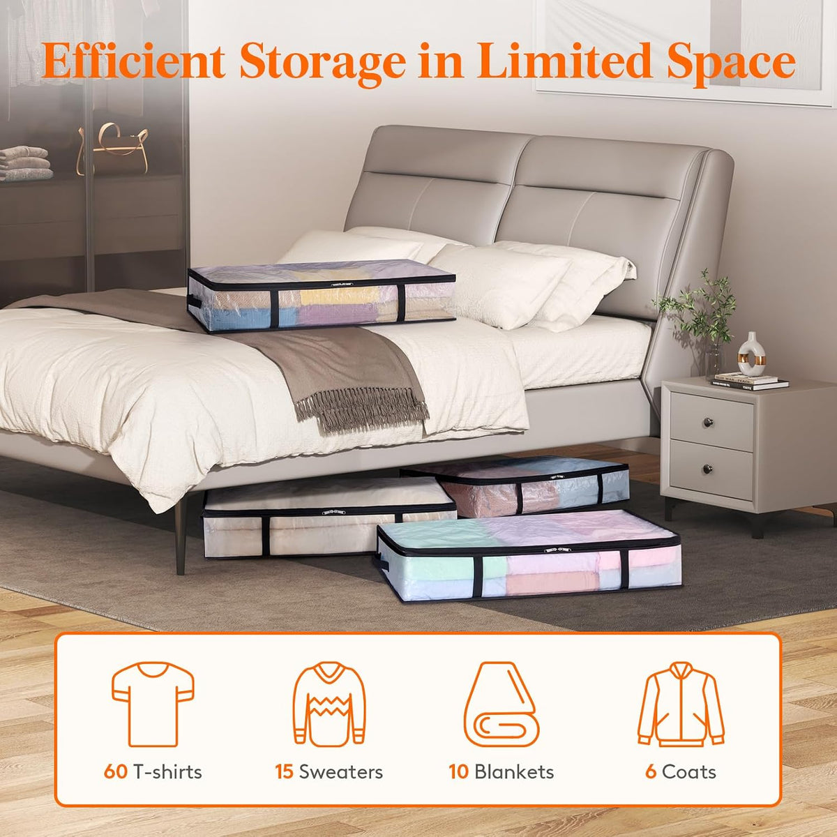 4 Pack Under Bed Storage, Large Clear Plastic Storage Bags, Clothes Storage Boxes Wardrobe Storage Organizer with Reinforced Handle Durable PP Fabric for Bedding Clothes Blanket, 60L