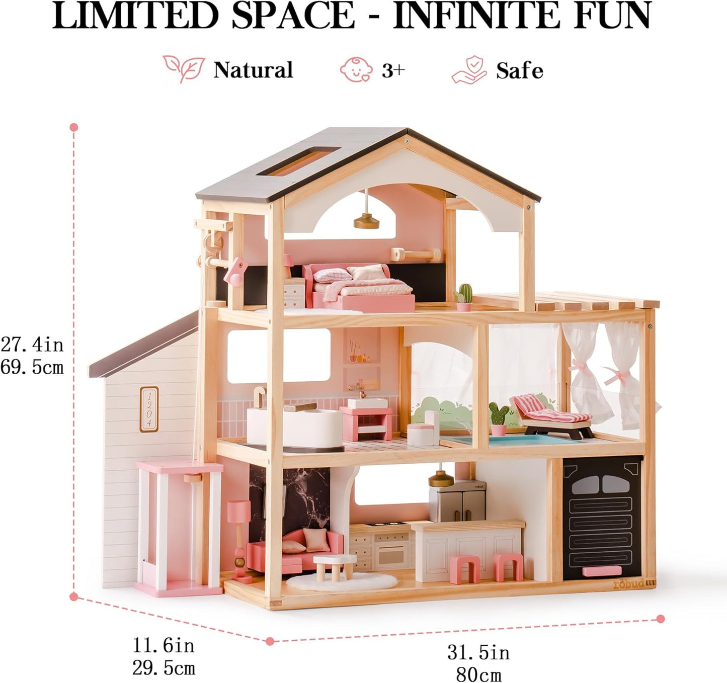 ROBUD Wooden Dollhouse, 6 Rooms Wooden Doll House with 29Pcs Furniture Set, Working Elevator, Garage, Swimming Pool, Ideal Gift for Kids Ages 3+ (Black)
