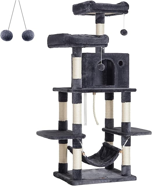 FEANDREA 59.3 Inch Cat Tree Condo with Scratching Post Kitty Tower Pet Playhouse, Smoky Gray UPCT85G