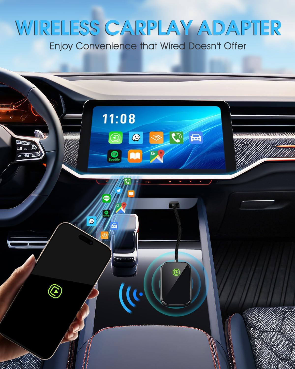 适用于苹果设备的无线 CarPlay 适配器 - 2025 升级版，无缝连接，将有线 CarPlay 适配器转换为无线 CarPlay 适配器，即插即用，无延迟，适用于 iPhone iOS 10+ 