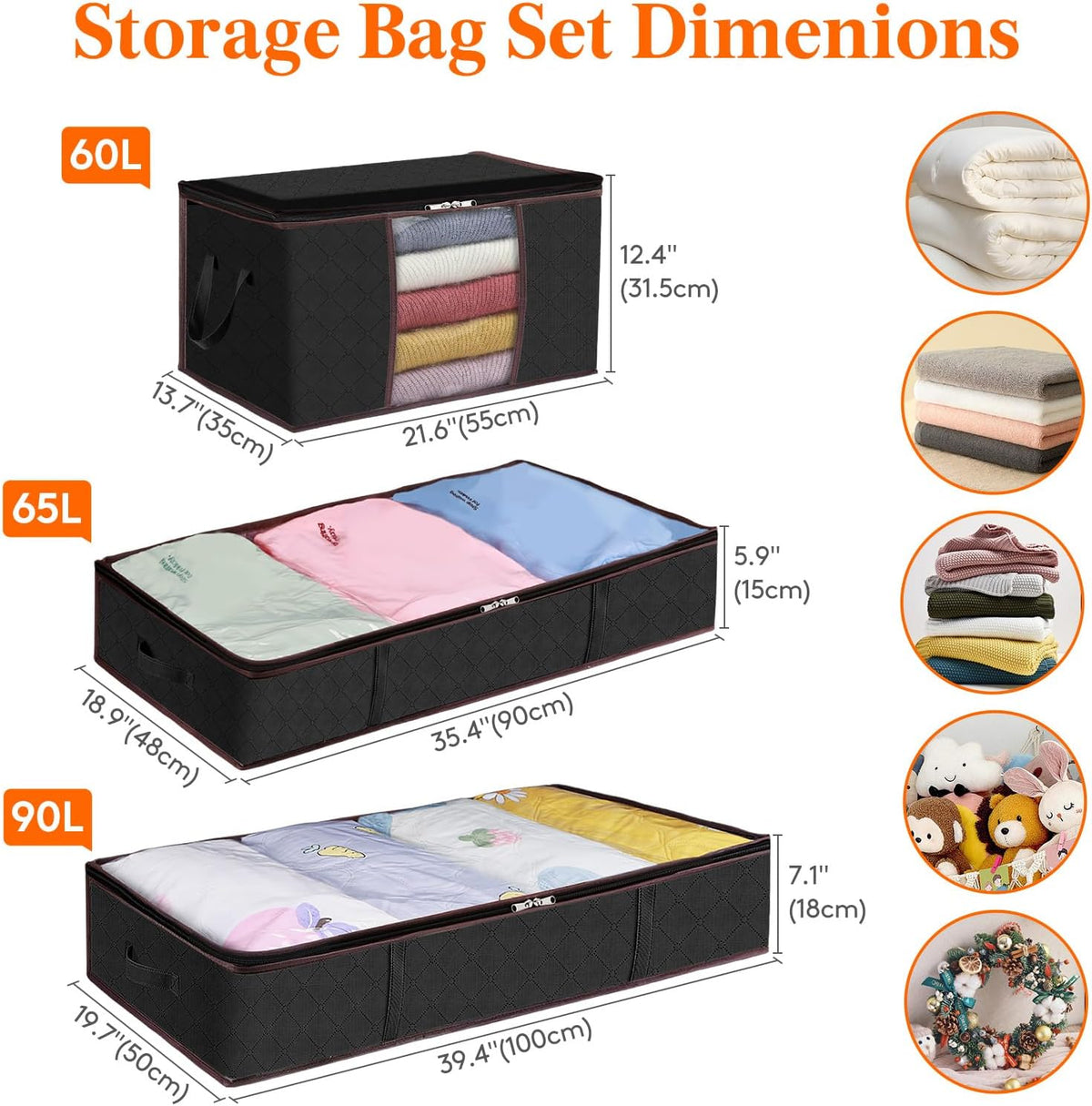 6 Pack Large Under Bed Storage, Underbed Storage Bags with 4 Handles, Foldable Underbed Storage Containers for Comforters, Blankets, Bedding, Sturdy Zipper, Clear Window, Black