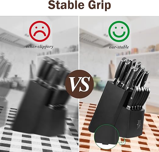 TUO Knife Block Set 17 PCS Kitchen Knife Set with Wooden Block, Honing Steel and Shears German X50CrMoV15 Steel with Full Tang Pakkawood Handle FALCON SERIES with Gift Box, Black