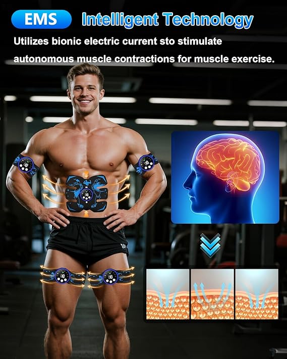 Click to see full view EMS Muscle Stimulator, ABS Trainer, Abdominal Muscle Toner Electronic Workout Home Fitness Device with 8 Modes,29 Intensities,4 Machines,4 Patches,12 Gel,For Abdominal/Arm/Leg/Hip Training