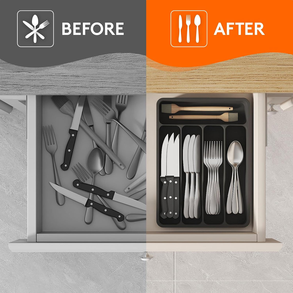 Silverware Drawer Organizer Tray, Plastic Cutlery Organizer for Kitchen Drawer, Flatware and Utensil Holder Divider for Spoons Forks Knives Tableware, 5 Compartment, Black