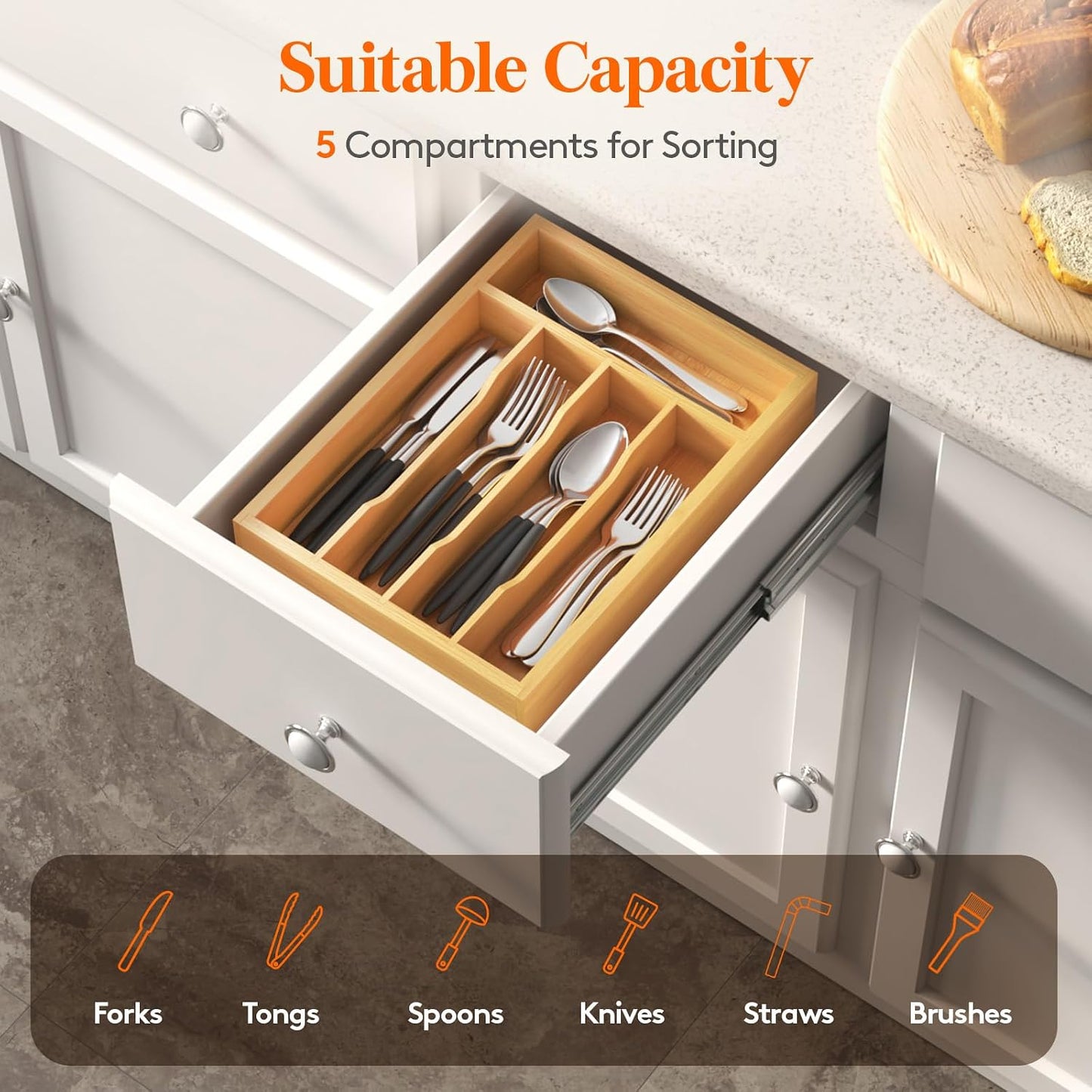 Lifewit Silverware Drawer Organizer Tray, Bamboo Cutlery Storage for Kitchen Drawer, 5 Compartment Flatware and Utensil Holder Divider for Spoons Forks Knives Tableware, Natural