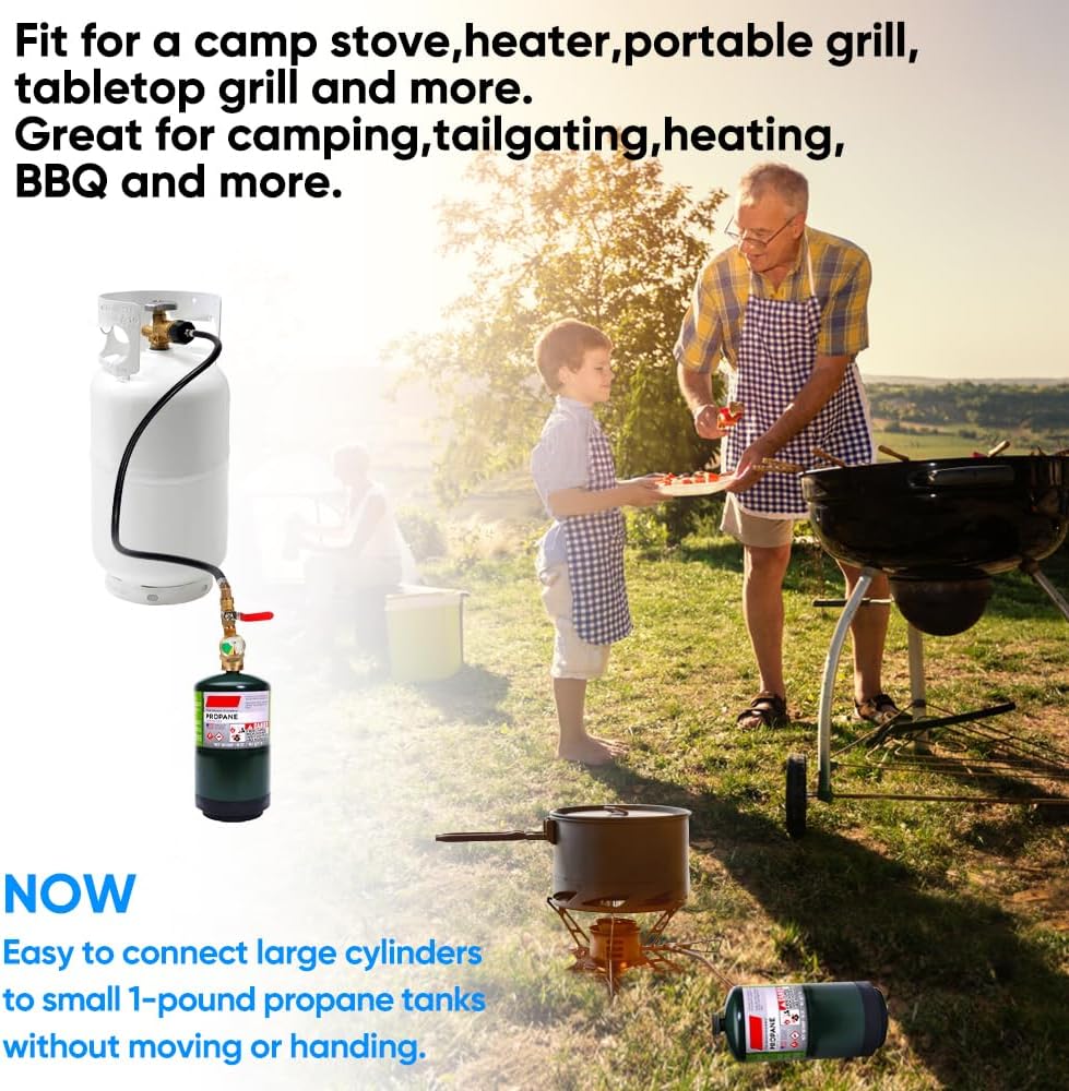 全新升级版带压力表的36英寸丙烷气罐充气适配器软管，350PSI高压露营烧烤炉（QCC/Type 1接口），1磅丙烷气罐适配器连接器，带开关控制阀