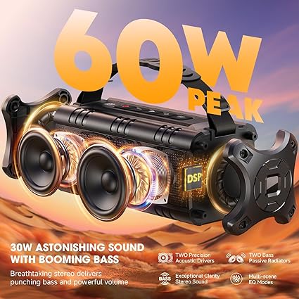 D8 Mini, Bluetooth Speaker, W-KING (60W PEAK)30W IPX6 Waterproof Wireless Powerful Portable Outdoor Haut Parleur Speaker Boombox-Rich Bass, 24H Playtime, TF Card, USB Playback, AUX, EQ for Party, Camping, Trip