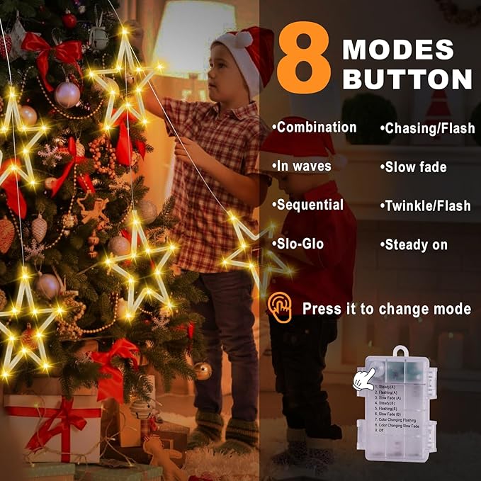 Christmas Window Lights with 8 Big Stars, Christmas Curtain Lights Battery Operated, Hanging Stars Lights with Timer 8 Modes, Indoor or Outdoor Light Christmas Decorations, Warm White