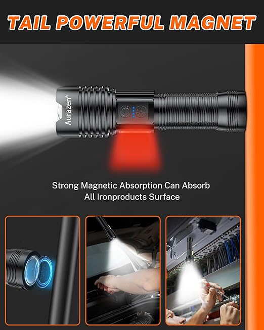 Aurazen Rechargeable Flashlights-High Lumens Flashlight, Super Bright led Flashlight with 7 Modes & COB Light, IP67 Waterproof Powerful Handheld Flash Light for Home, Camping, Emergencies