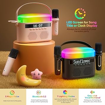 Karaoke Machine for Kids & Adults with 2 Wireless Mics 2400mAh Portable Bluetooth Karaoke Speaker with Timer White Noise & Night Light High Power Dual Speaker LED Display Home & Outdoor Party
