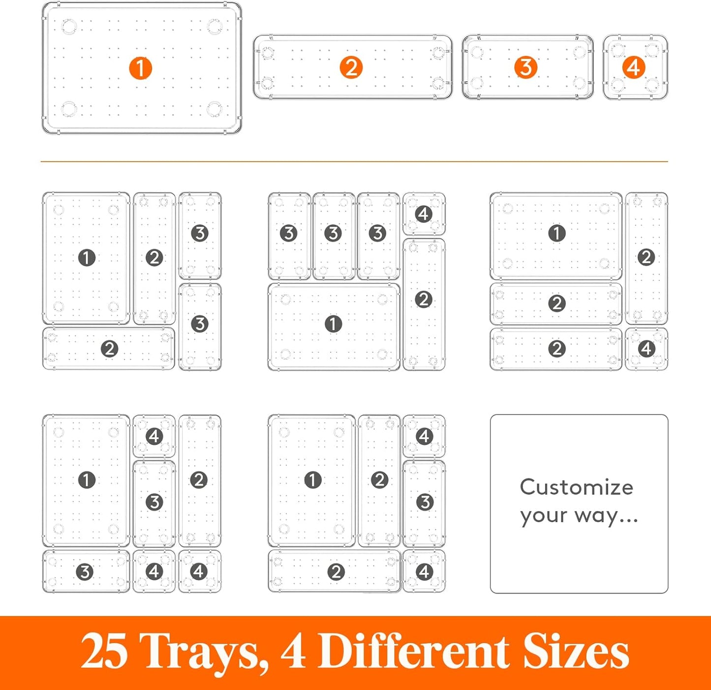 Lifewit Drawer Organizer, Clear Makeup Organizer, Plastic Desk Organizer and Storage for Makeup, Jewelries, Bedroom, Bathroom, 25 Packs