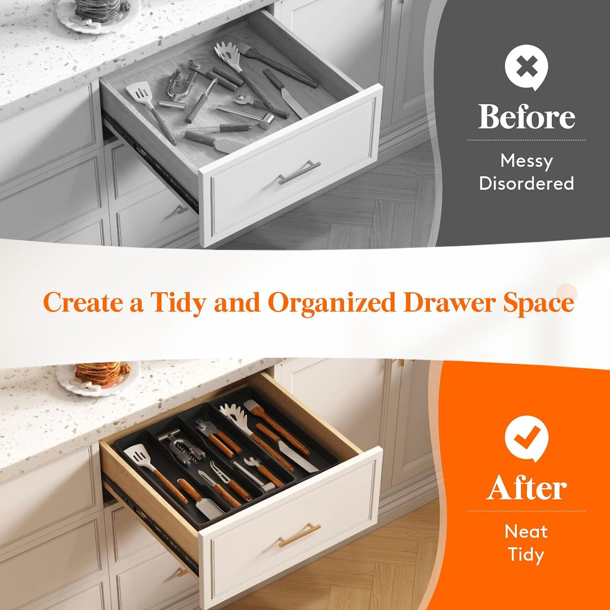 Utensil Drawer Organizer, Expendable Cooking Silverware Tray for Kitchen Drawer, Adjustable Cutlery Flatware Holder, Plastic Spatula Tools and Gadgets Storage Divider, 4 Compartments, Black