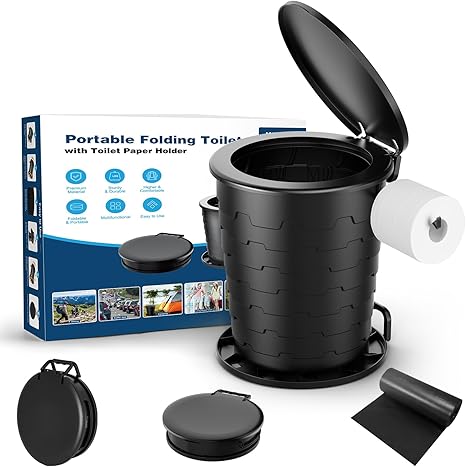 HK Portable Toilet with Toilet Paper Holder and Lid, Retractable Porta Potty for Camping, Foldable Toilet Adjustable Height for Camping, Hiking, Fishing, RV Travel, Road Trips
