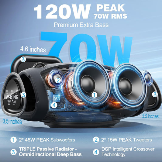 (Open Box) W-KING Bluetooth Speaker Wireless, X10, 120W Max IPX6 Waterproof Outdoor Loud Portable Haut Parleur Bluetooth Speaker Party Boombox,Triple Passive Radiators-70W Deep Bass/DSP/42H/PowerBank/TF/AUX/EQ/Opener