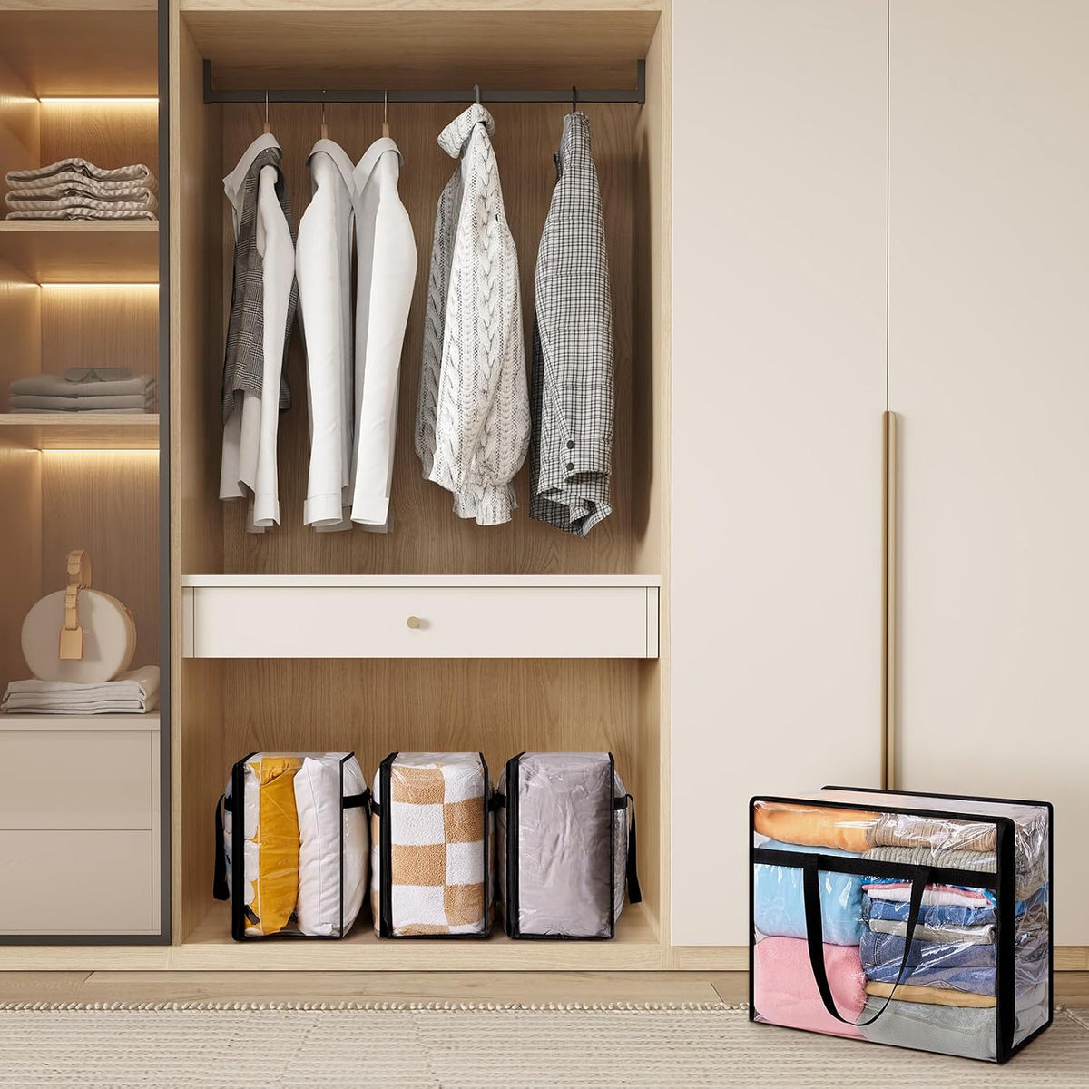 4 Pack Clear Clothes Storage Bags, 40L Plastic Blanket Storage Bags, Vinyl Foldable Moving Bags with Zipper, Closet Organizers and Storage Containers for Bedding, Duvet, Comforter