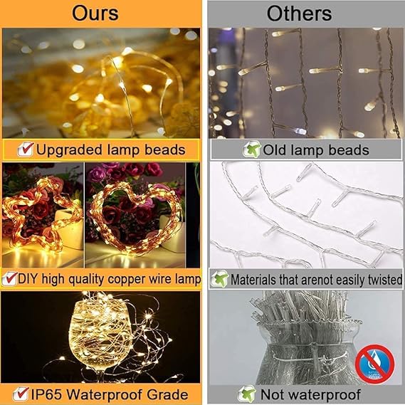 窗帘灯，卧室仙女灯，300颗暖白LED闪烁灯，8种模式，USB供电，冰柱灯串，带遥控器和定时器，适用于室内圣诞派对露台装饰（9.8 x 9.8 英尺）