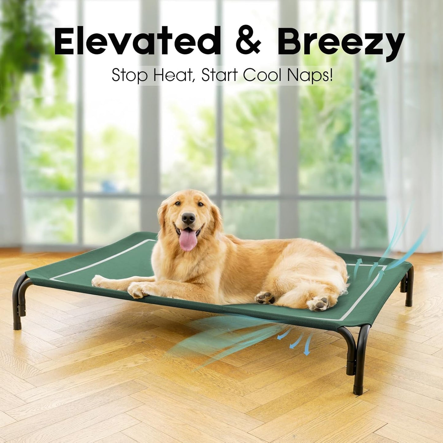 Dopedio Elevated Outdoor Dog Bed, Raised Dog Cot for Large Dogs, Metal Frame with Washable Breathable Mesh, Non-Slip Feet, Green