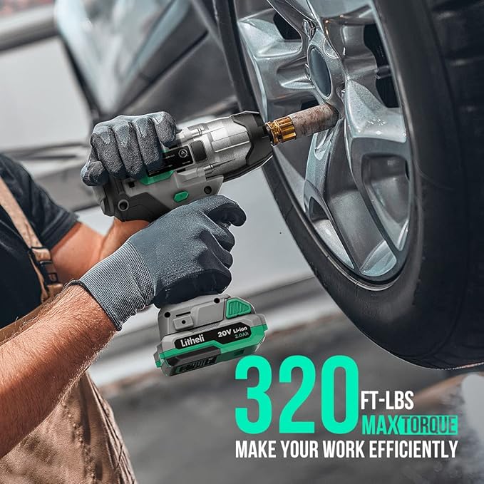 LiTHELi Impact Wrench Cordless, 1/2 inch Power Impact Wrenches Max Torque 320 ft-lbs(430N.m), 20V Impact Gun Kit with 2.0Ah Li-ion Battery ＆ Fast Charger, Electric Impact Gun for Car Tiers