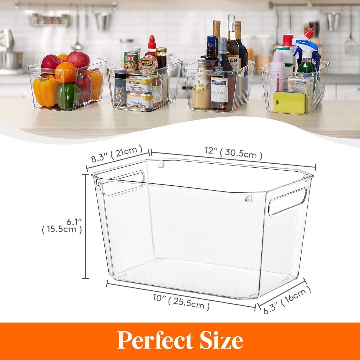 Lifewit 4pcs Large Storage Organizer Bins for Pantry Kitchen, Clear Plastic Storage Basket Set with Handle
