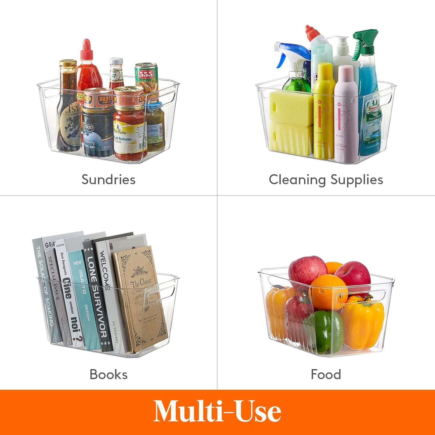 Lifewit 4pcs Large Storage Organizer Bins for Pantry Kitchen, Clear Plastic Storage Basket Set with Handle