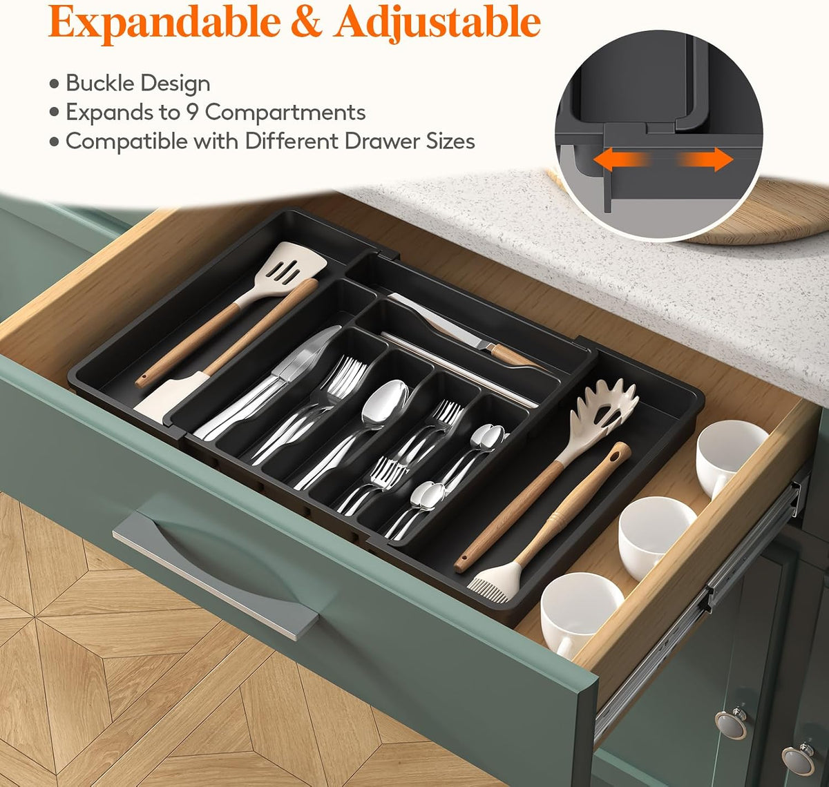 Silverware Drawer Organizer, Expandable Utensil Tray, Turquoise