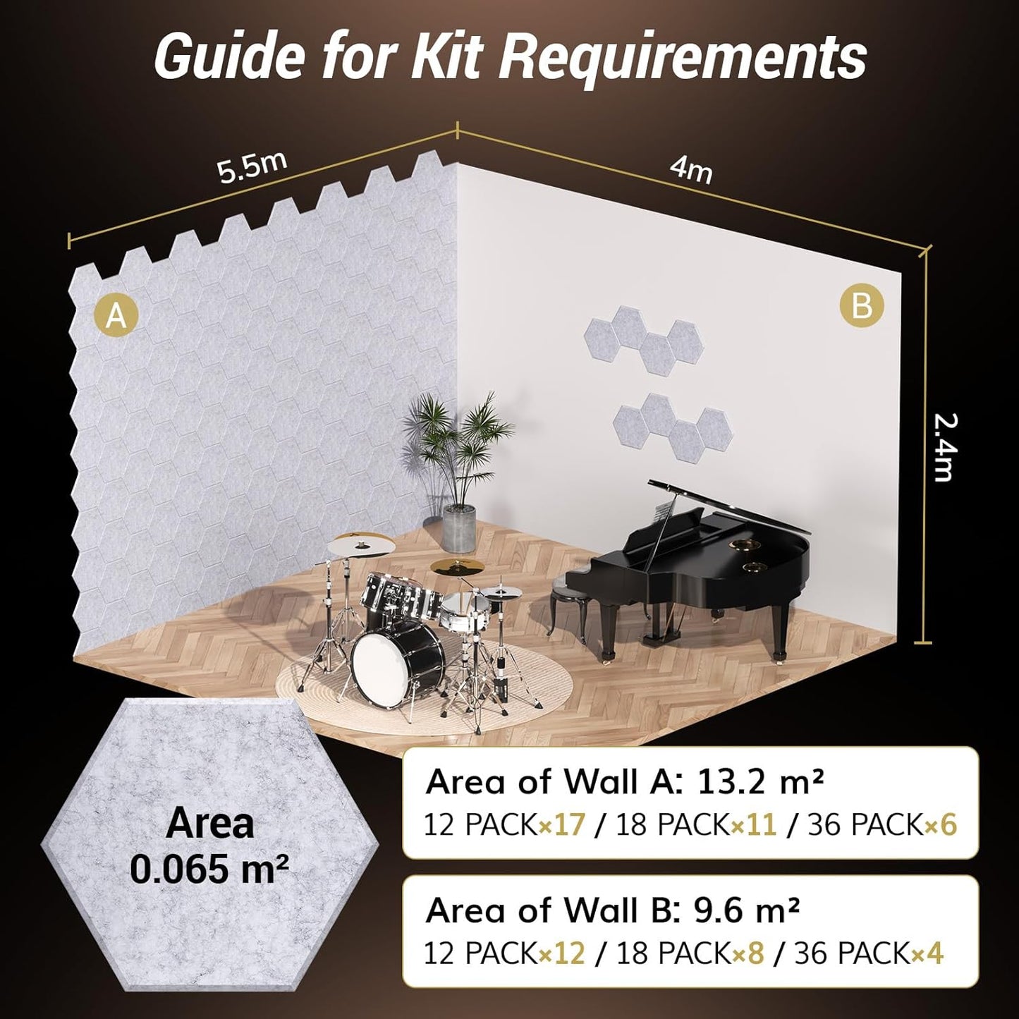 TONOR 18 Pack Sound Proof Panels with Self-adhesive, High Density Hexagon Acoustic Wall Panels, Soundproofing Panels for Recording, Podcasting, Home Office, Streaming, 12"x 10"x 0.4", Black