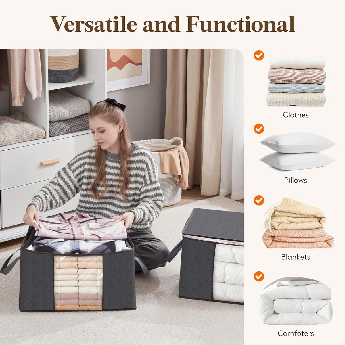 6 Pack, 90L Large Capacity Clothes Storage Bags Organizer with Reinforced Handle, Foldable Clothing Storage for Comforters, Blankets, Bedding, with Sturdy Zipper, Clear Window