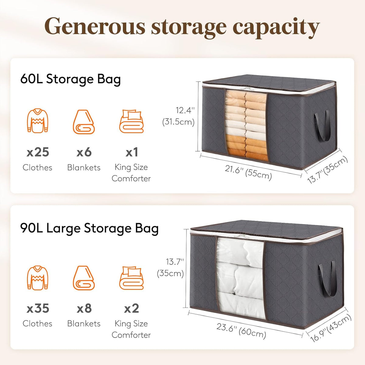 Clothes Storage Bag, Fabric Closet Organizers, Foldable Moving Bags with Reinforced Handle, Sturdy Zipper, Clear Window, for Clothing, Blankets, Grey, 3 Pack