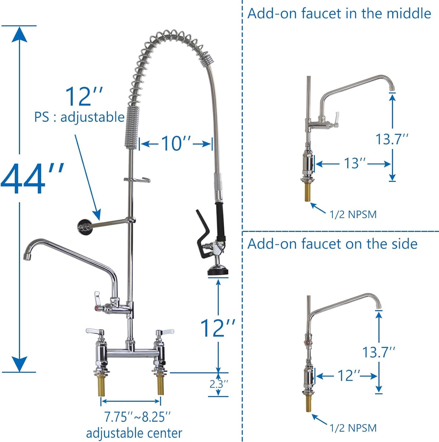 Commercial Kitchen Faucet Deck Mount 8’’ Center with Pre-Rinse Sprayer 44’’ Height Kitchen Sink Faucet with 12’’ Add-on Swivel Spout Faucet and Coiled Spring Pull Down Spray