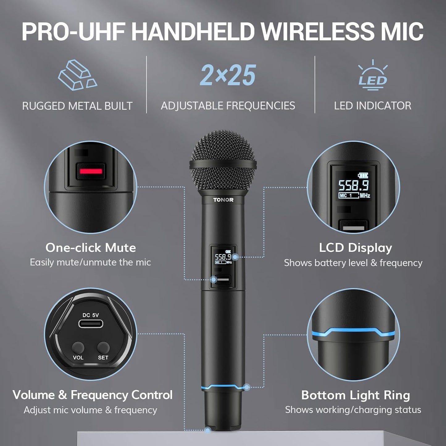 TONOR TW720 Rechargeable Karaoke Microphones, Metal Professional Dynamic Microphone System with Receiver, UHF Dual Channel Handheld Cordless Microphone for Wedding, Karaoke, Church, Singing, DJ, Black
