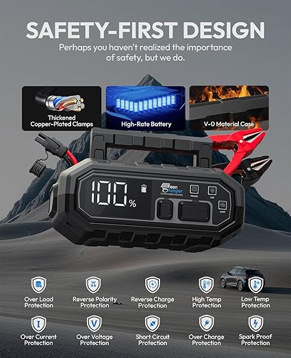 4000A 便携式汽车应急启动电源：12V 电池启动盒应急套件，适用于 10.0L 汽车卡车，汽车启动器，快速充电移动电源，带 USB-C 接口、LED 指示灯、智能保护功能，GK-J1205