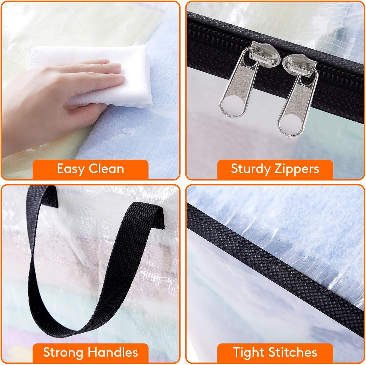 4 Pack Plastic Clothes Storage Bags, 60L Foldable Storage Containers Closet Organizers and Storage Moving Bags with Sturdy Zipper Lids Reinforced Handle for Bedding, Blanket, Comforter
