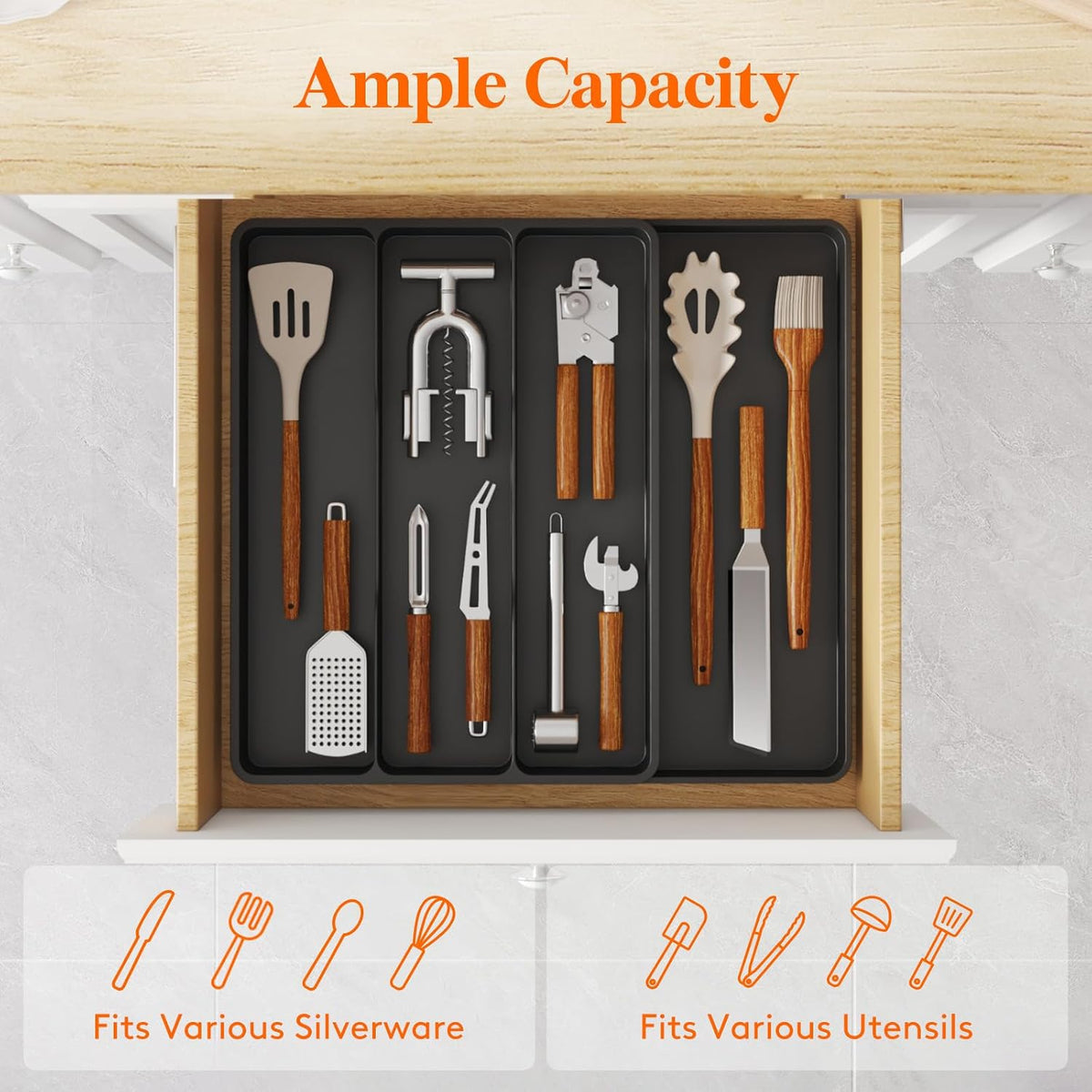 Utensil Drawer Organizer, Expendable Cooking Silverware Tray for Kitchen Drawer, Adjustable Cutlery Flatware Holder, Plastic Spatula Tools and Gadgets Storage Divider, 4 Compartments, Black