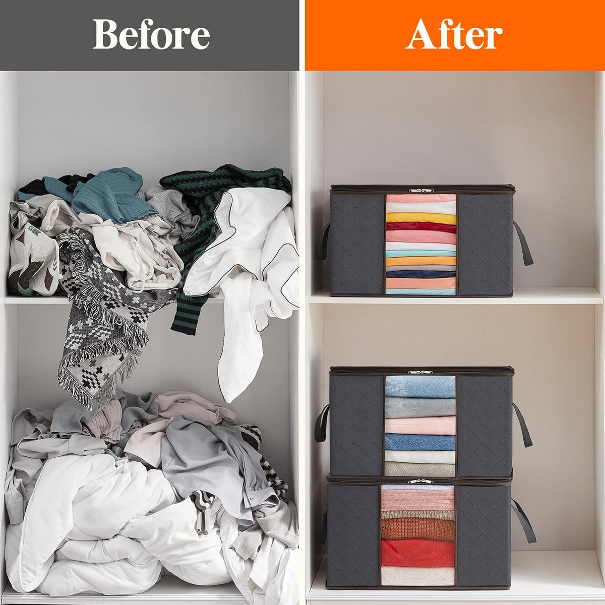 8 Pack Clothes Storage Bag, Foldable Storage Bins for Clothes, Blankets, Fabric Wardrobe Closet Organizers with Reinforced Handle, Sturdy Zipper, Moving Bags With Clear Window, Grey