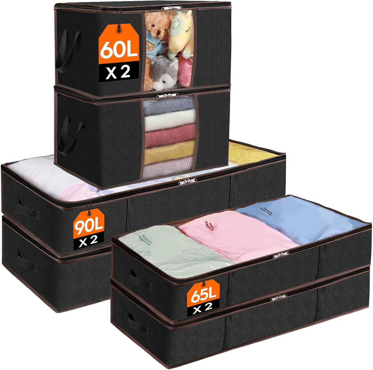 6 Pack Large Under Bed Storage, Underbed Storage Bags with 4 Handles, Foldable Underbed Storage Containers for Comforters, Blankets, Bedding, Sturdy Zipper, Clear Window, Black