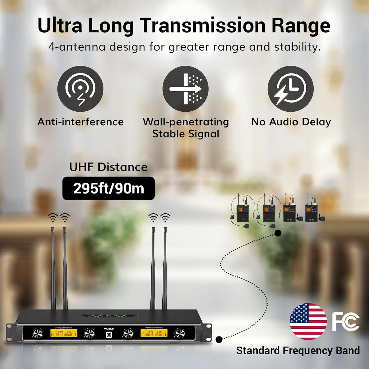 TONOR UHF Wireless Microphones System with Bodypack Transmitter, Headset/Lavalier Lapel Mics, Receiver, 4 * 10 Channels, 295ft Range for Karaoke, Singing, Church, Party, PA Speaker Mixer Recording