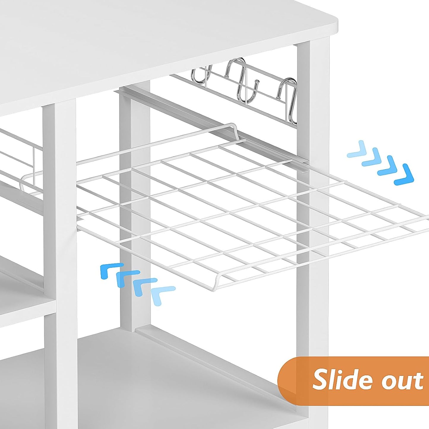 SDHYL Kitchen Storage Islands 3 Tier, 35 inch Bakers Rack Microwave Stand with 5 Storage Shelves Hanging Hooks, Kitchen Shelves Organizers Bakers Racks with Movable Basket, White